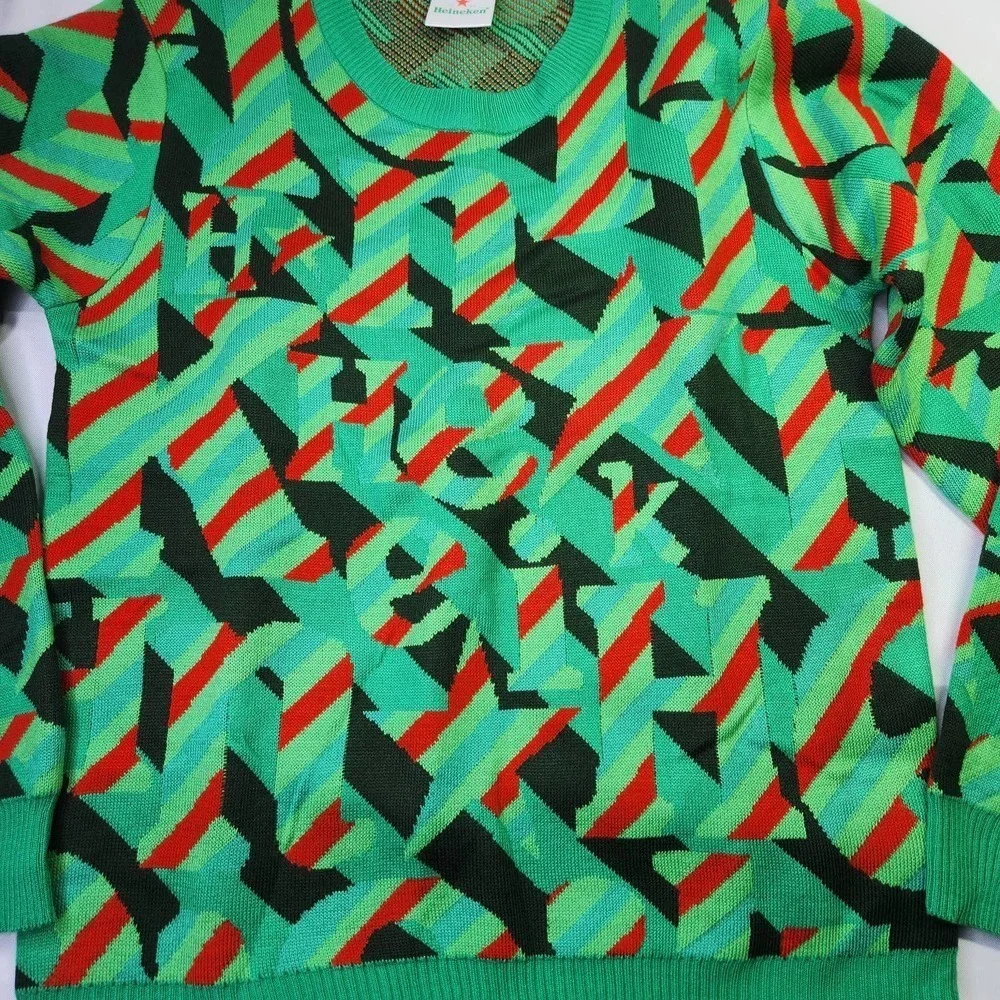 Heineken Knit Sweater Mens Medium Green Red Geometric Graphic Print Pullover